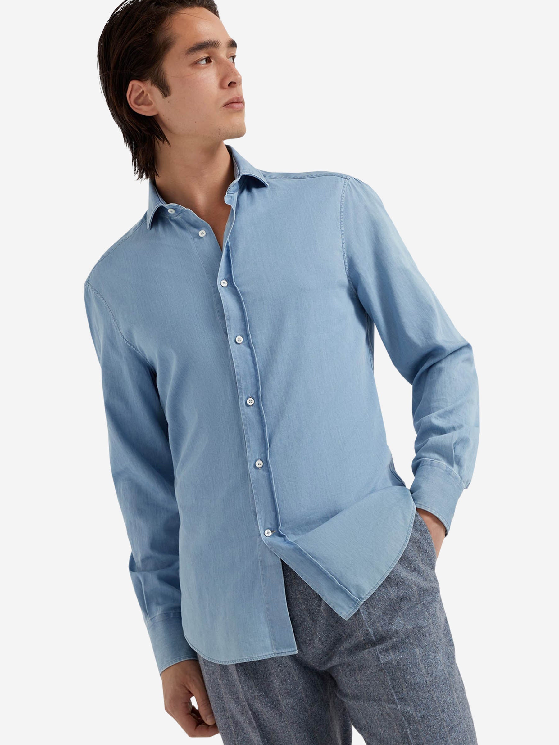 Outlet online Brunello Cucinelli Hombre Camisa Algodón Lisa color Azul sku 531-006298 01 - Foto 1